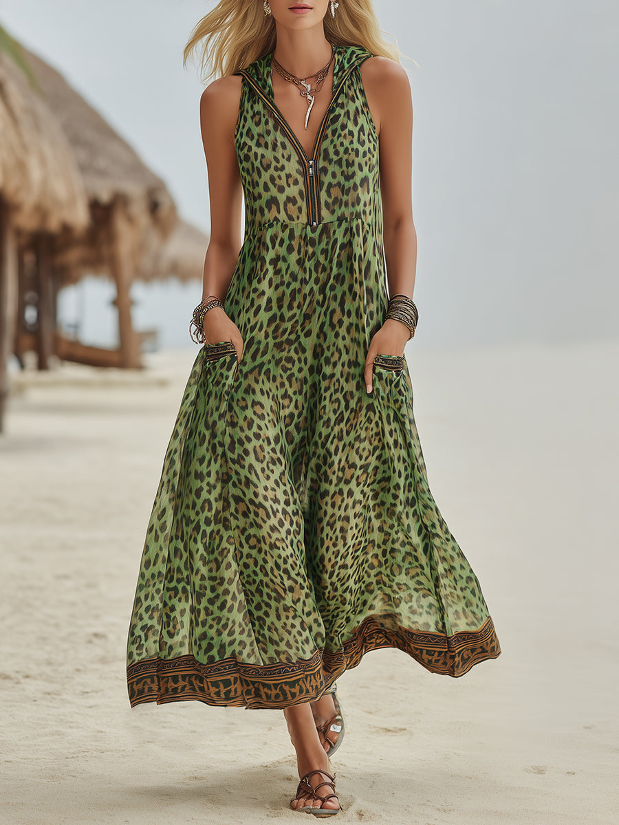 Women’s Hooded Leopard Print Maxi Dress