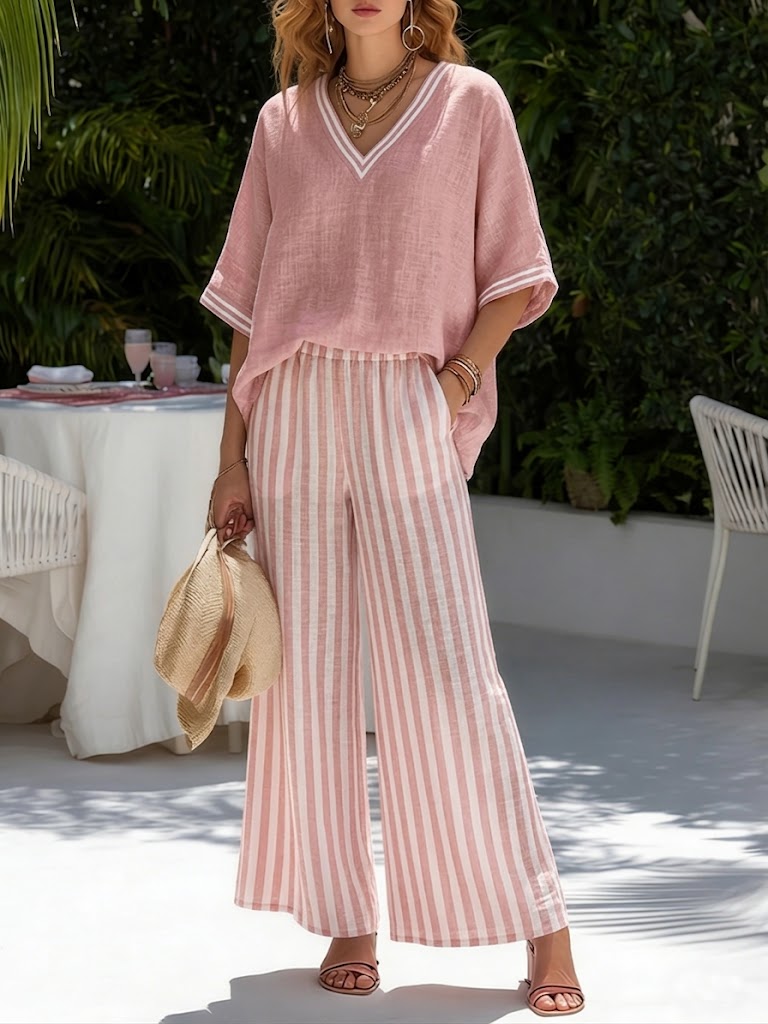 Covernorth Women's V-Neck Top and Striped Pants Set