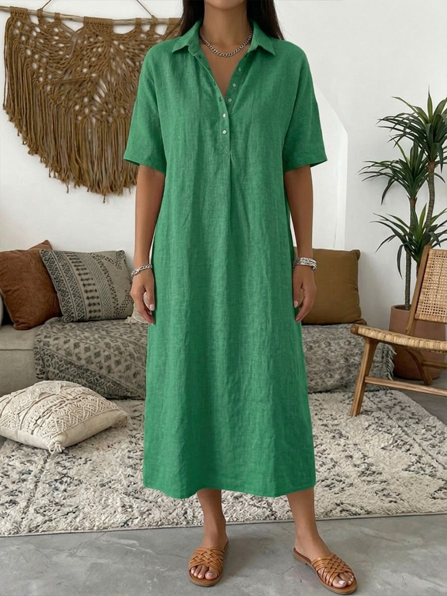 Women's Linen-Blend Short-Sleeve Polo Midi Dress