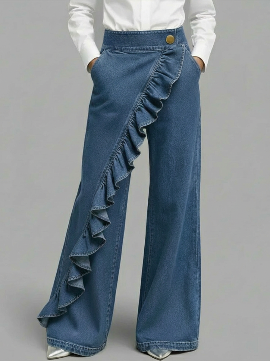 Women's Ruffle-Trim Wide-Leg Denim Trousers