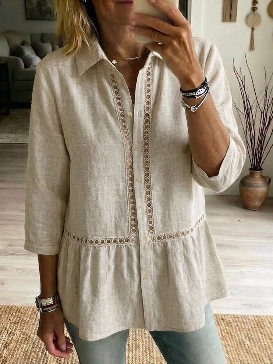 Women’s Eyelet Trim Linen Peplum Blouse