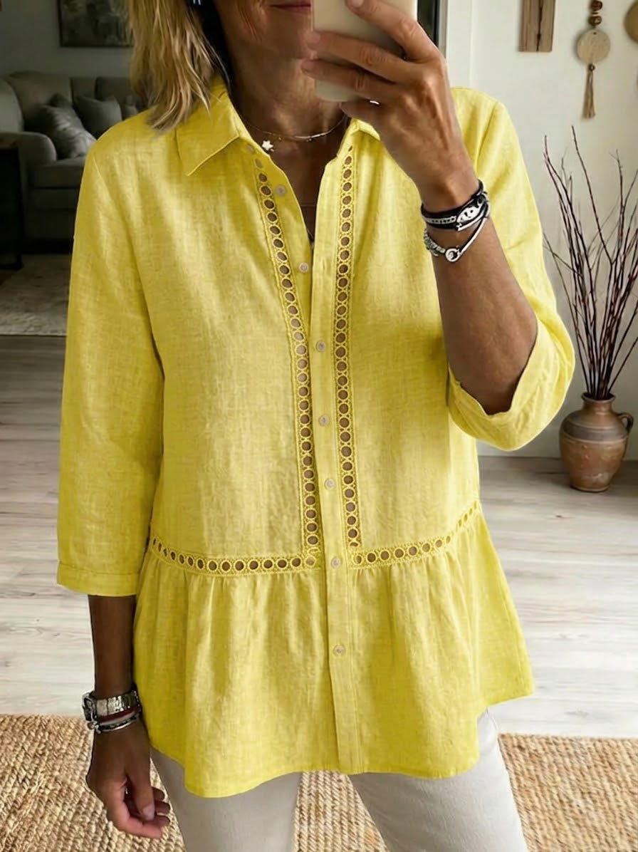 Women’s Eyelet Trim Linen Peplum Blouse