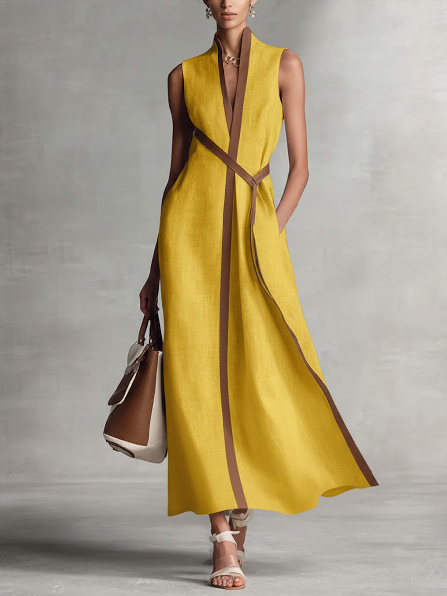Covernorth Women’s Stand-Up Collar Sleeveless Linen Maxi Dress