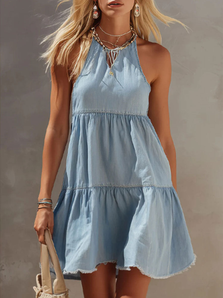 Covernorth Women’s Halter Neck Tiered Denim Mini Dress