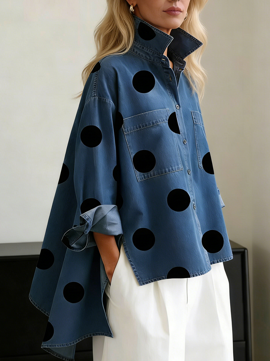 Women's Oversized Polka Dot Denim Shirt