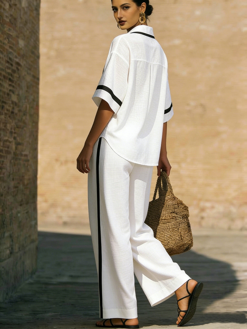 Women’s Contrast-Trim Tunic and Wide-Leg Pants Set