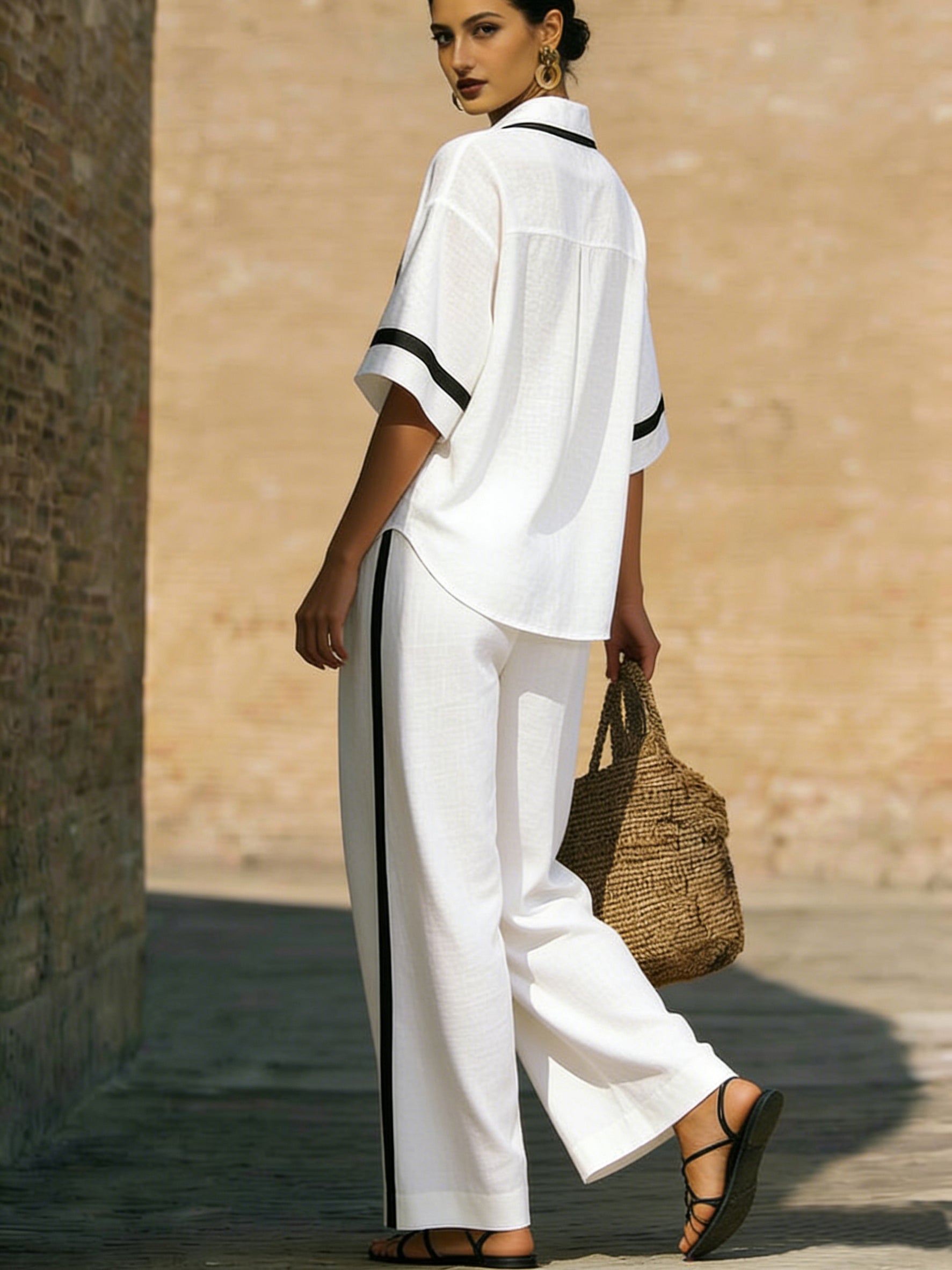 Women’s Contrast-Trim Tunic and Wide-Leg Pants Set