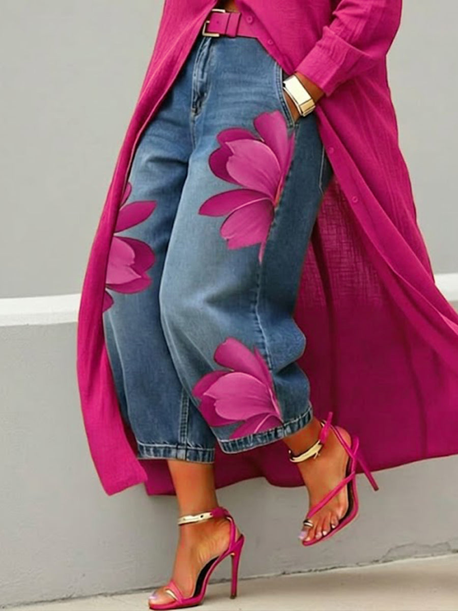 Women's Floral Print Wide-Leg Jeans