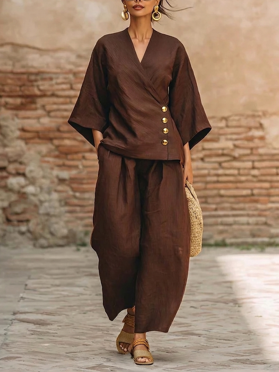 Women's Wrap Top and Wide-Leg Pants Set