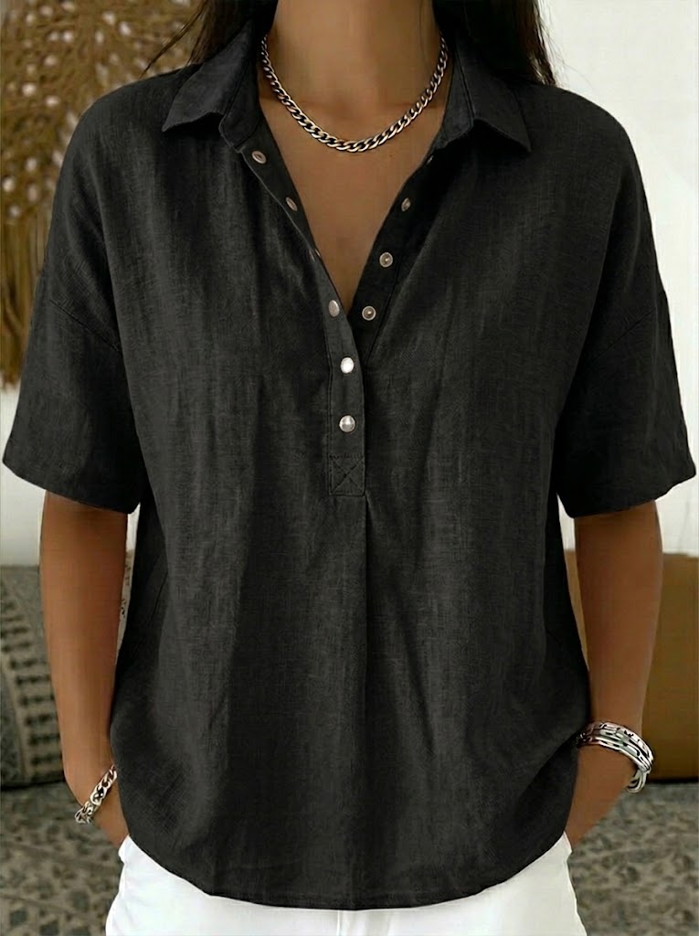 Women's Linen-Blend Short-Sleeve Henley Shirt