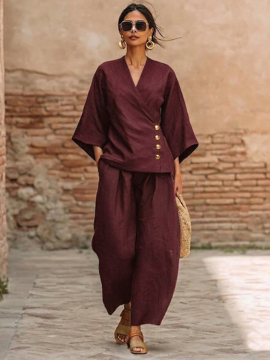 Women's Wrap Top and Wide-Leg Pants Set