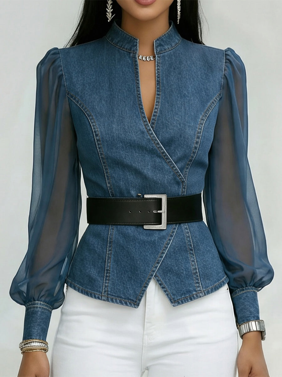 Women’s Sheer-Sleeve Denim Wrap Blouse