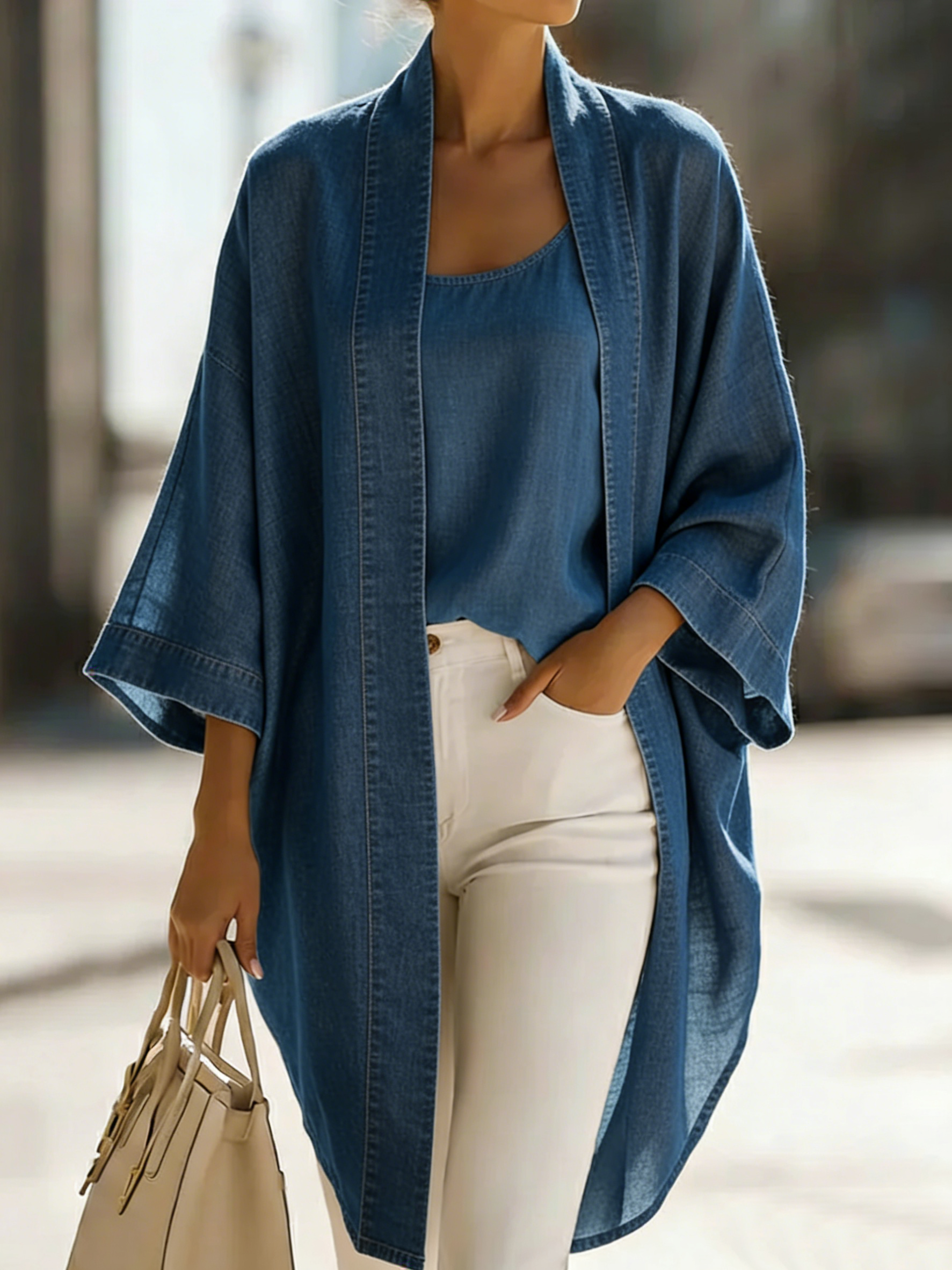 Women’s Two-Piece Denim Kimono Cardigan and Tank Top Set