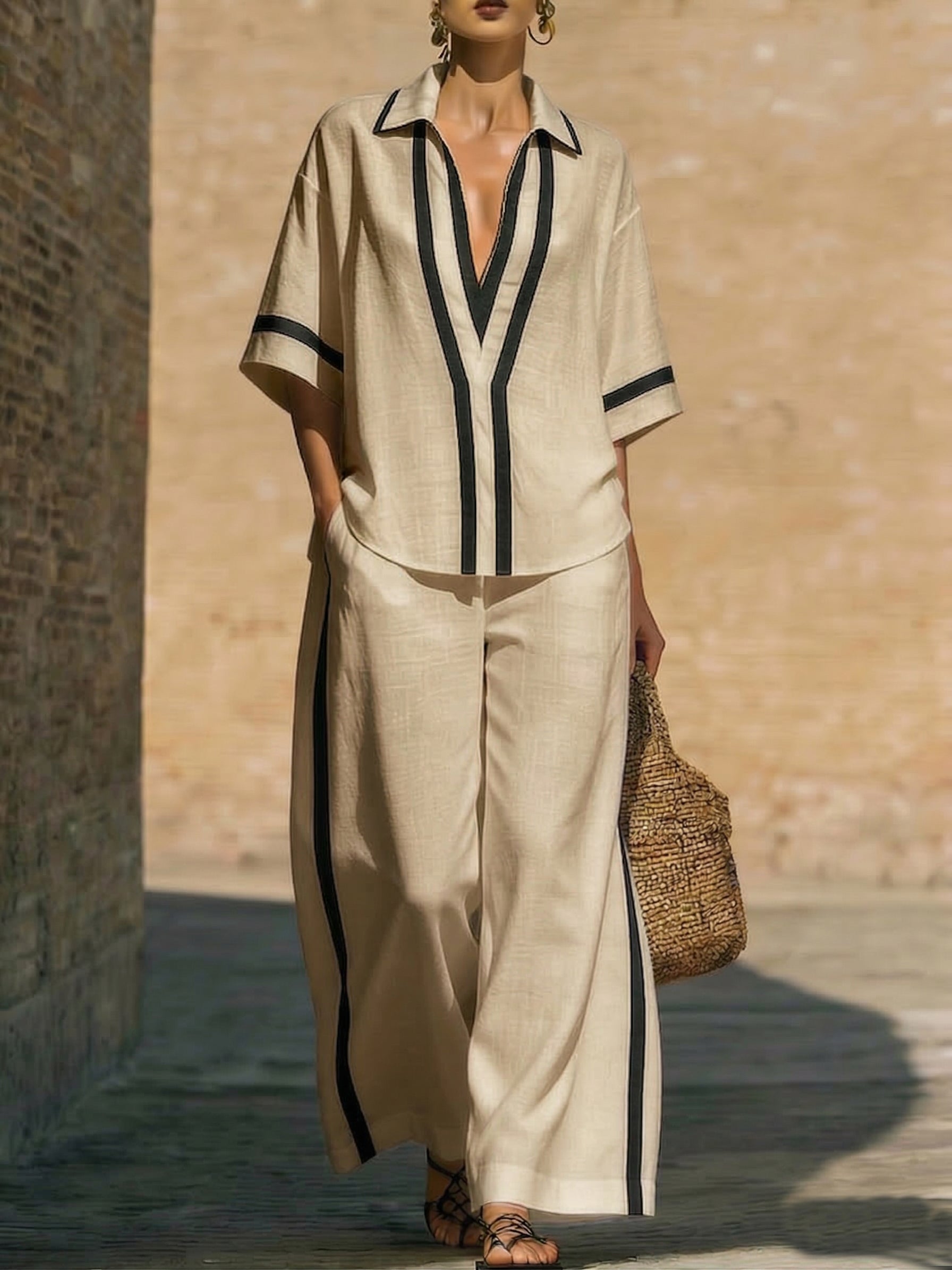 Women’s Contrast-Trim Tunic and Wide-Leg Pants Set