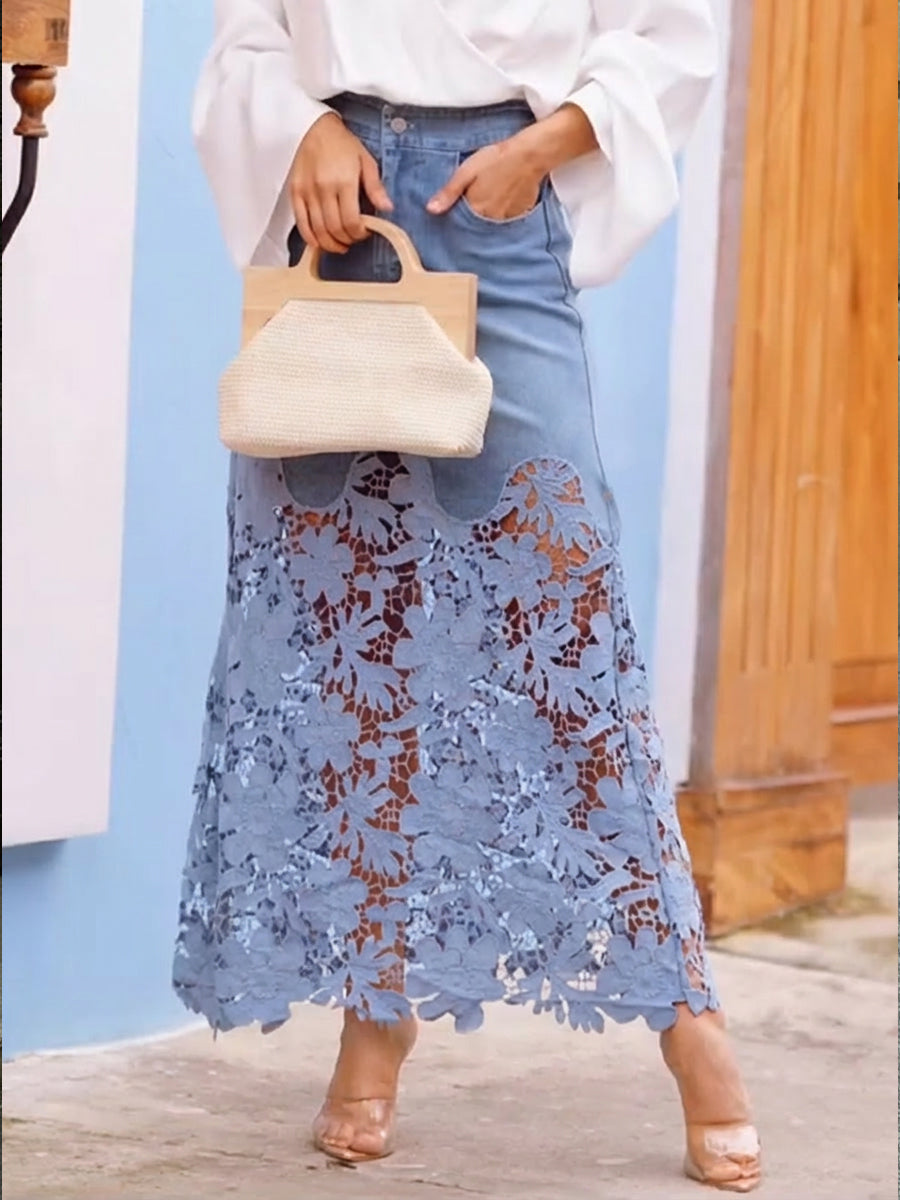 Covernorth Women's Floral Lace Patchwork Denim Maxi Skirt