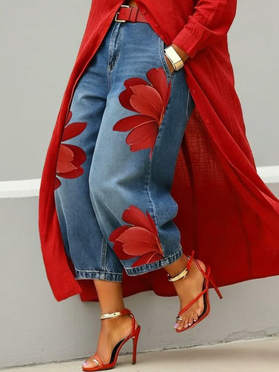 Women's Floral Print Wide-Leg Jeans