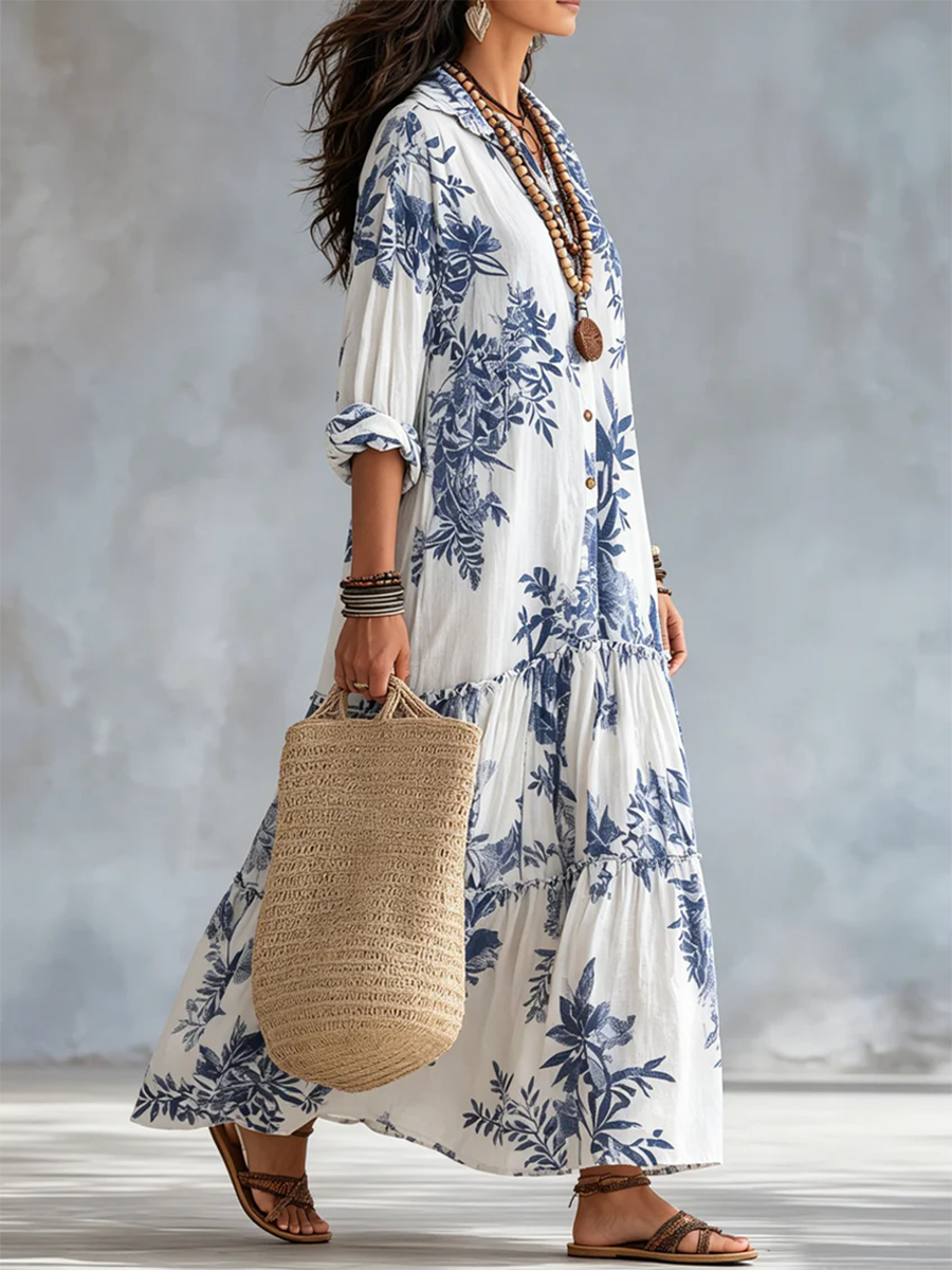 Women’s Retro Boho Blue Floral Print Maxi Shirt Dress