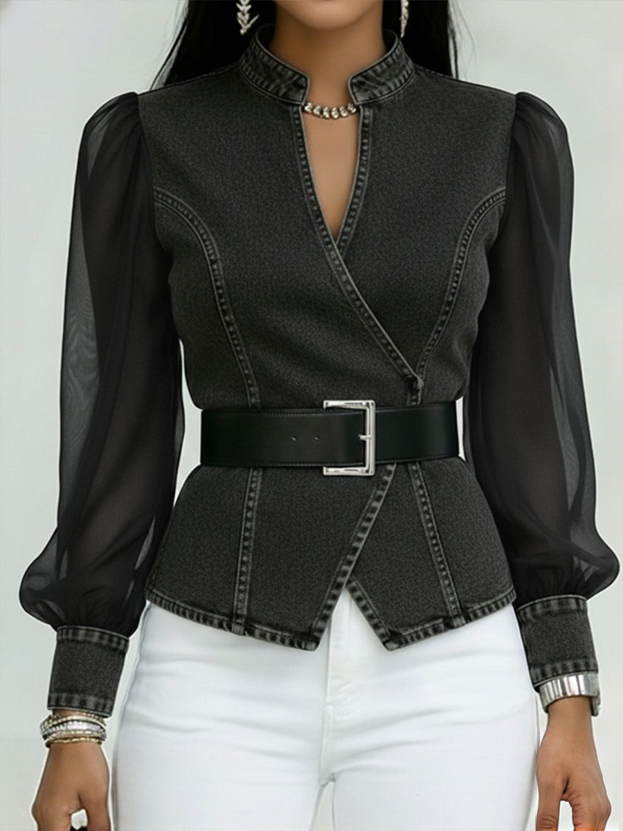 Women’s Sheer-Sleeve Denim Wrap Blouse