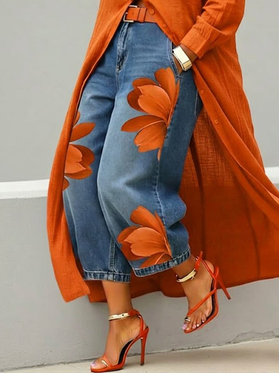 Women's Floral Print Wide-Leg Jeans