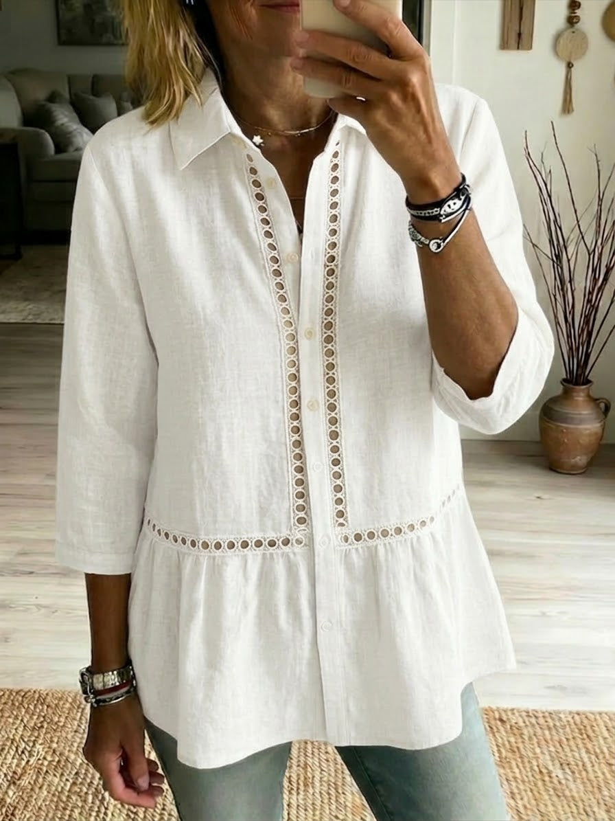 Women’s Eyelet Trim Linen Peplum Blouse