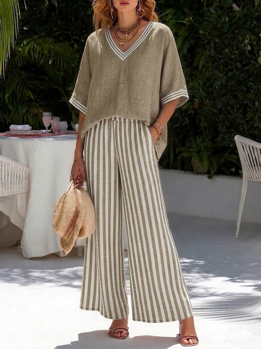 Covernorth Women's V-Neck Top and Striped Pants Set