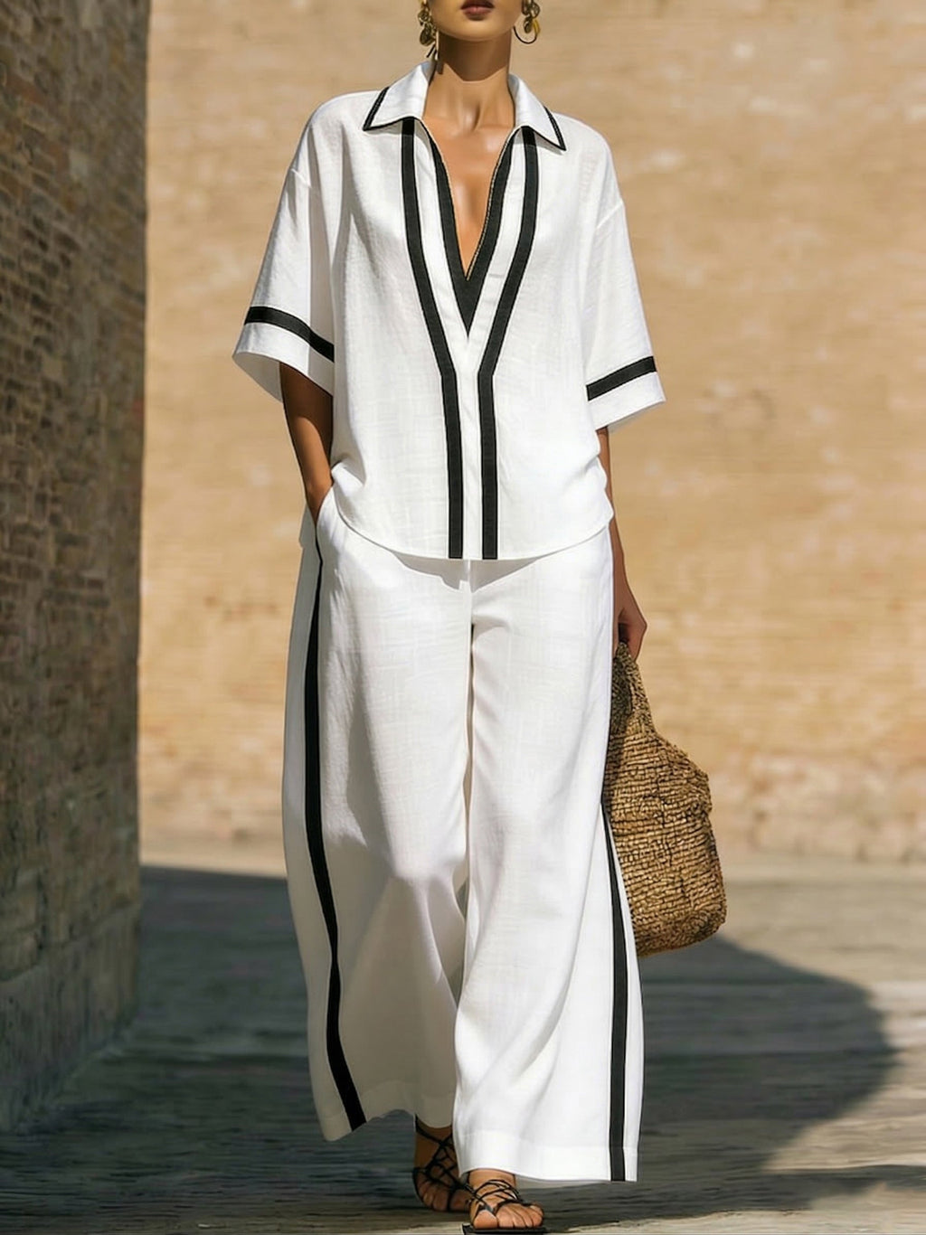 Women’s Contrast-Trim Tunic and Wide-Leg Pants Set