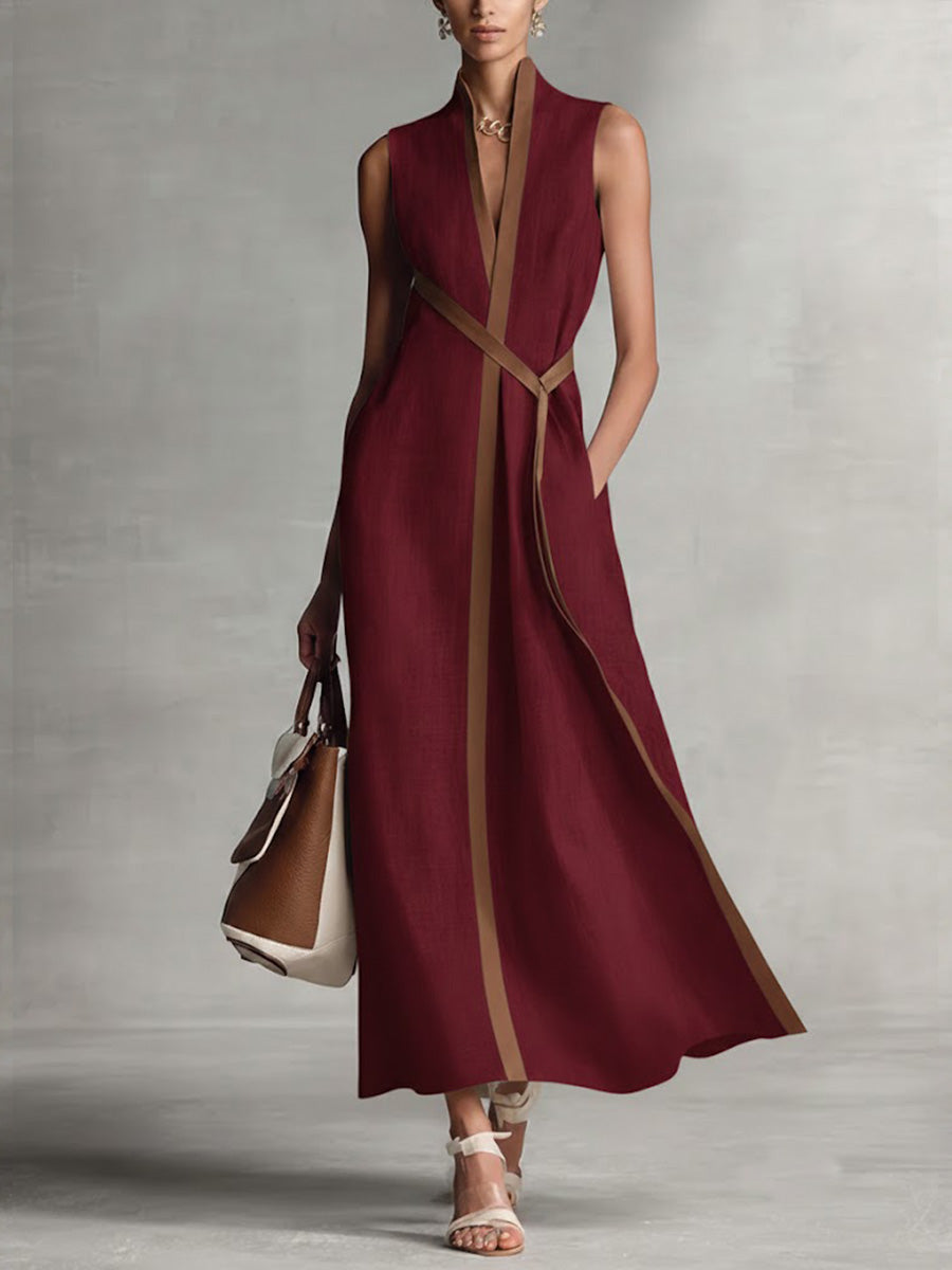 Covernorth Women’s Stand-Up Collar Sleeveless Linen Maxi Dress