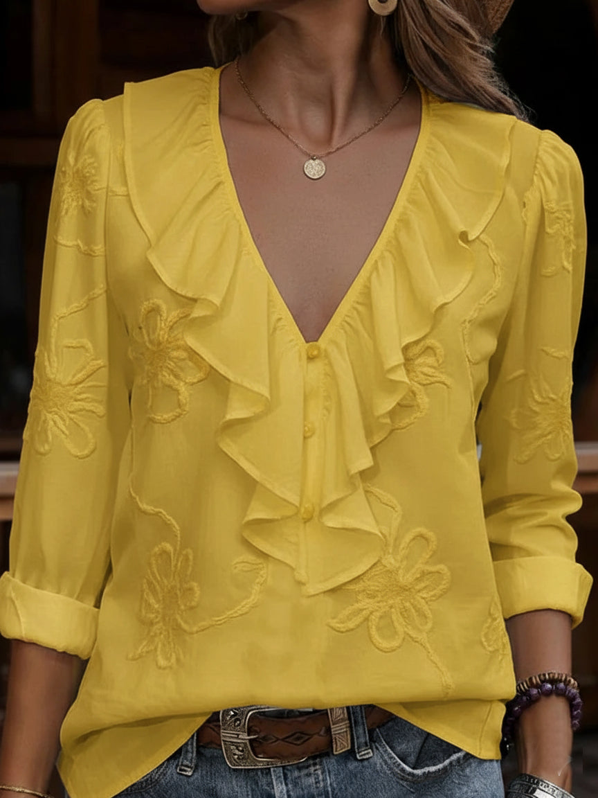 Women's Ruffled V-Neck Embroidered Blouse