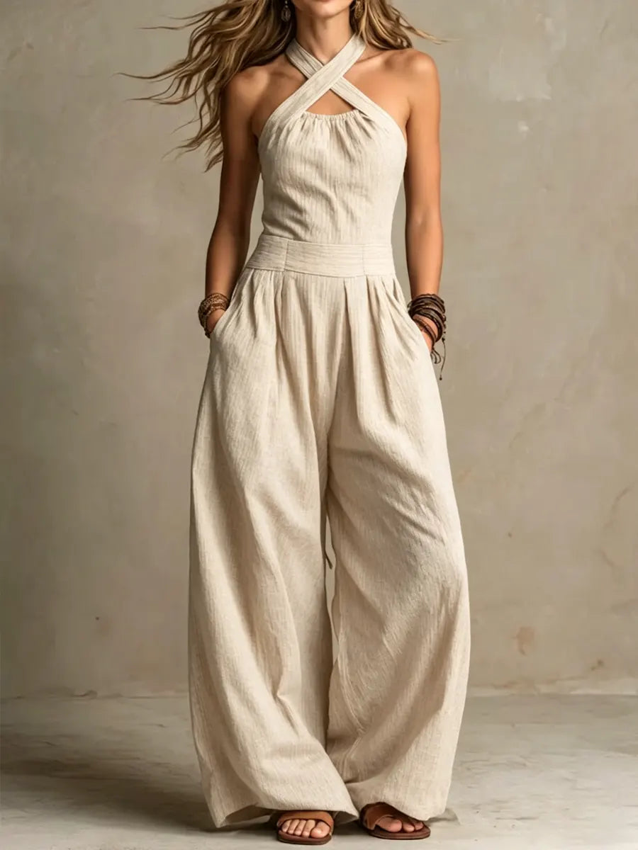 Covernorth Women’s Striped Crisscross Halter Wide-Leg Jumpsuit
