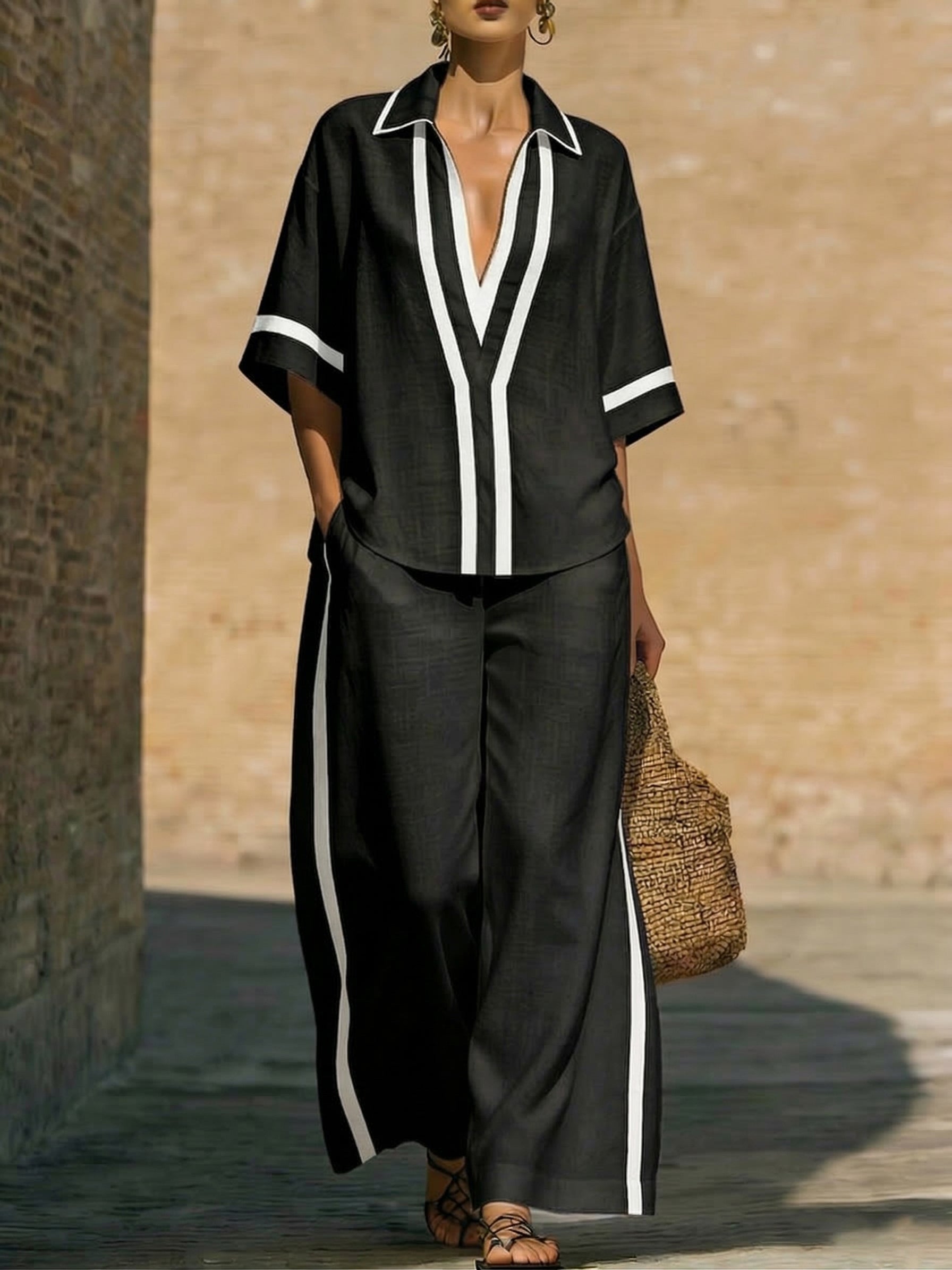 Women’s Contrast-Trim Tunic and Wide-Leg Pants Set