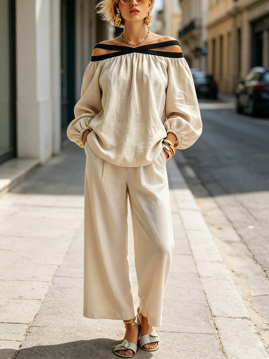 Women's Off-the-Shoulder Linen Two-Piece Set