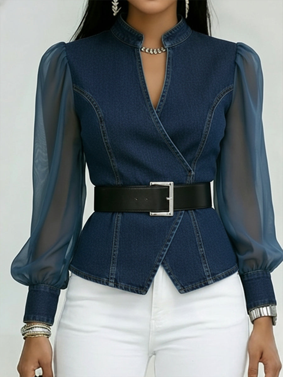 Women’s Sheer-Sleeve Denim Wrap Blouse