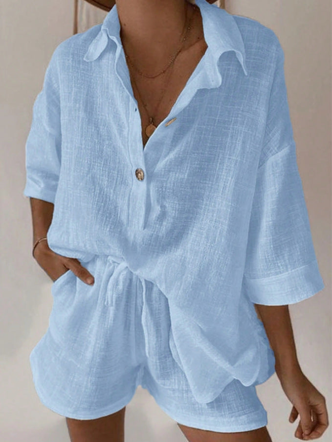 Covernorth Women's Textured Linen Short and Shirt Set
