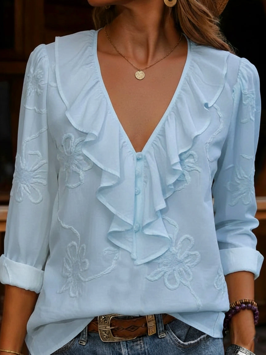 Women's Ruffled V-Neck Embroidered Blouse