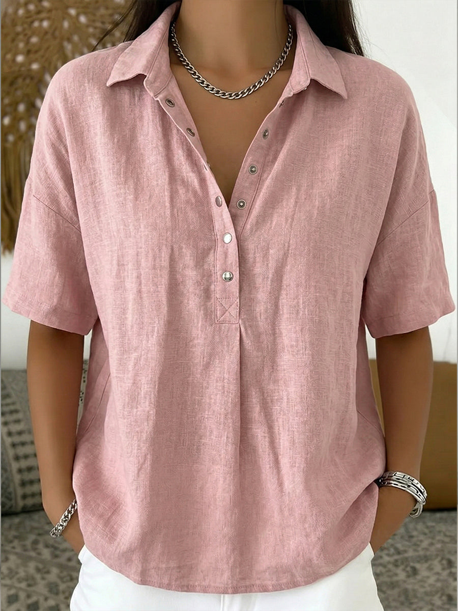 Women's Linen-Blend Short-Sleeve Henley Shirt