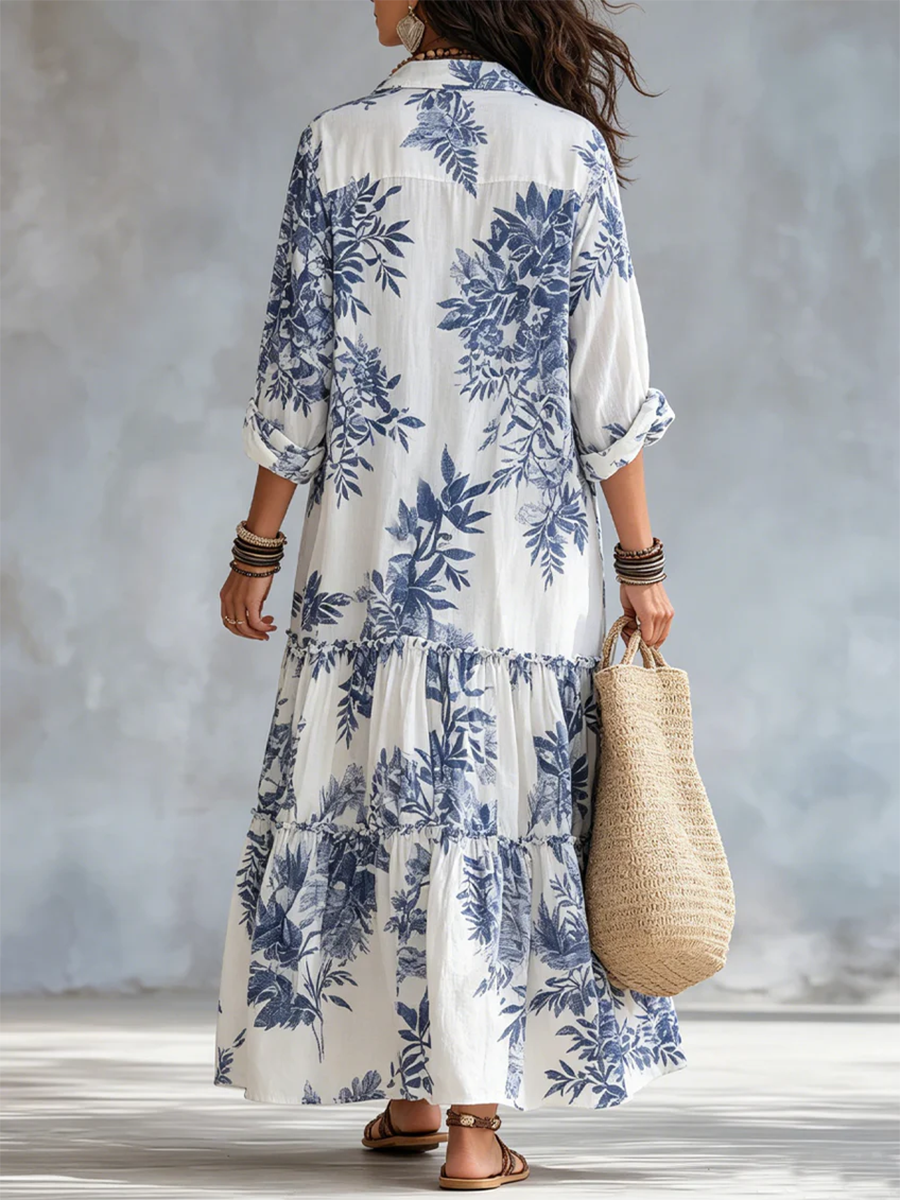Women’s Retro Boho Blue Floral Print Maxi Shirt Dress
