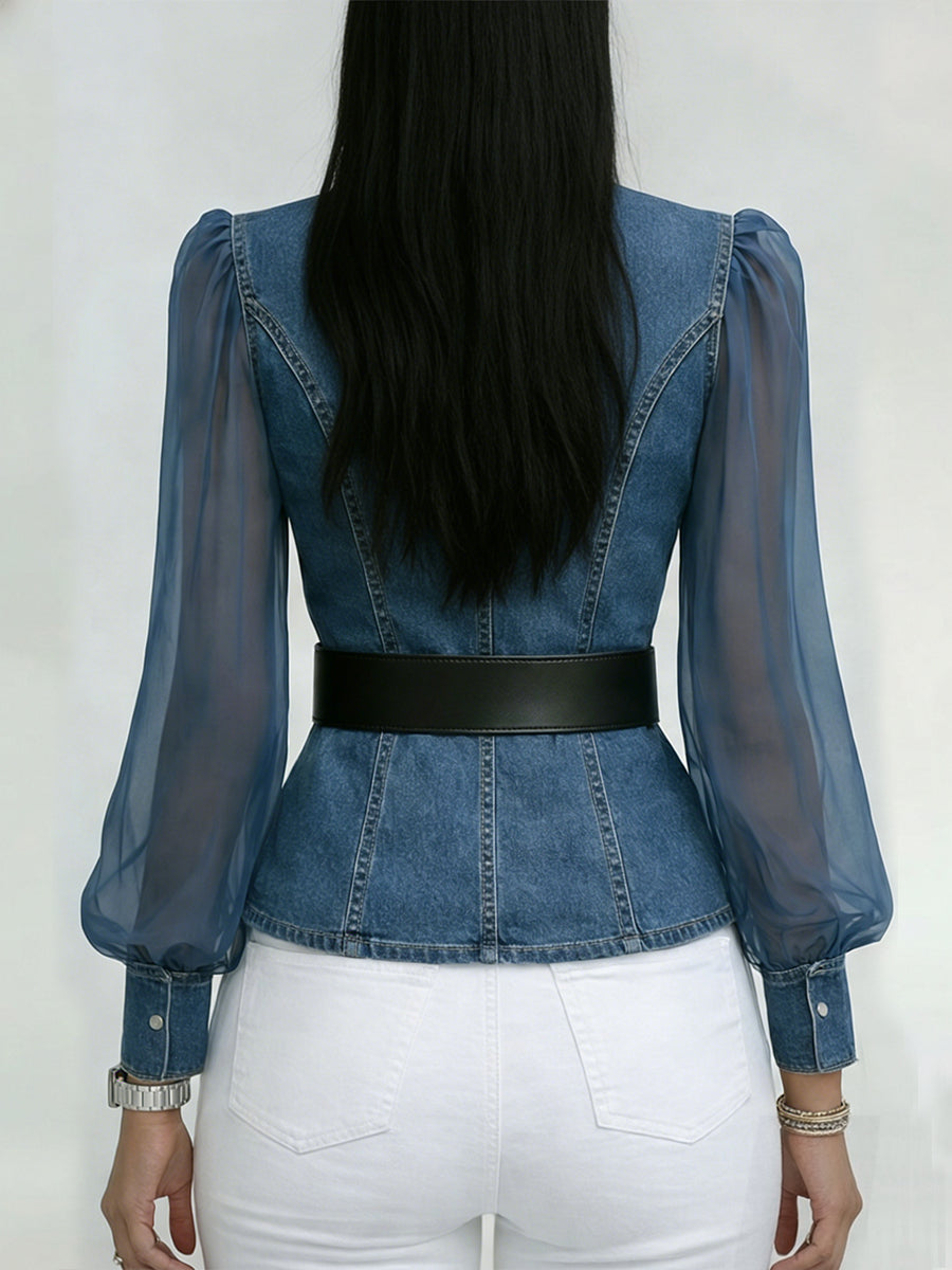Women’s Sheer-Sleeve Denim Wrap Blouse