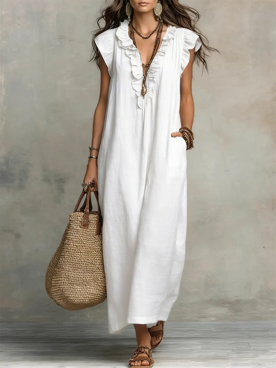 Covernorth Women's Ruffle V-Neck Maxi Dress with Pockets