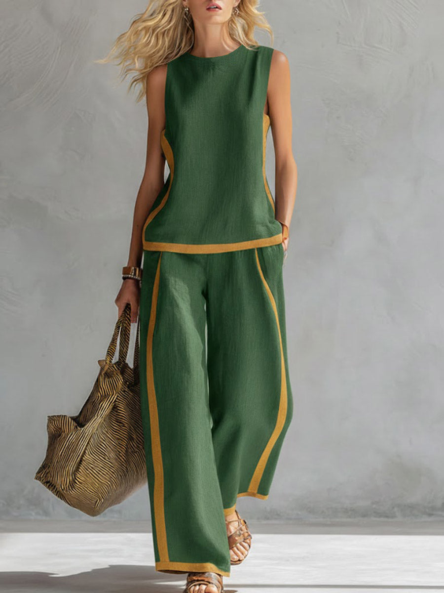 Covernorth Women's Two-Piece Linen Top and Wide-Leg Trousers Set