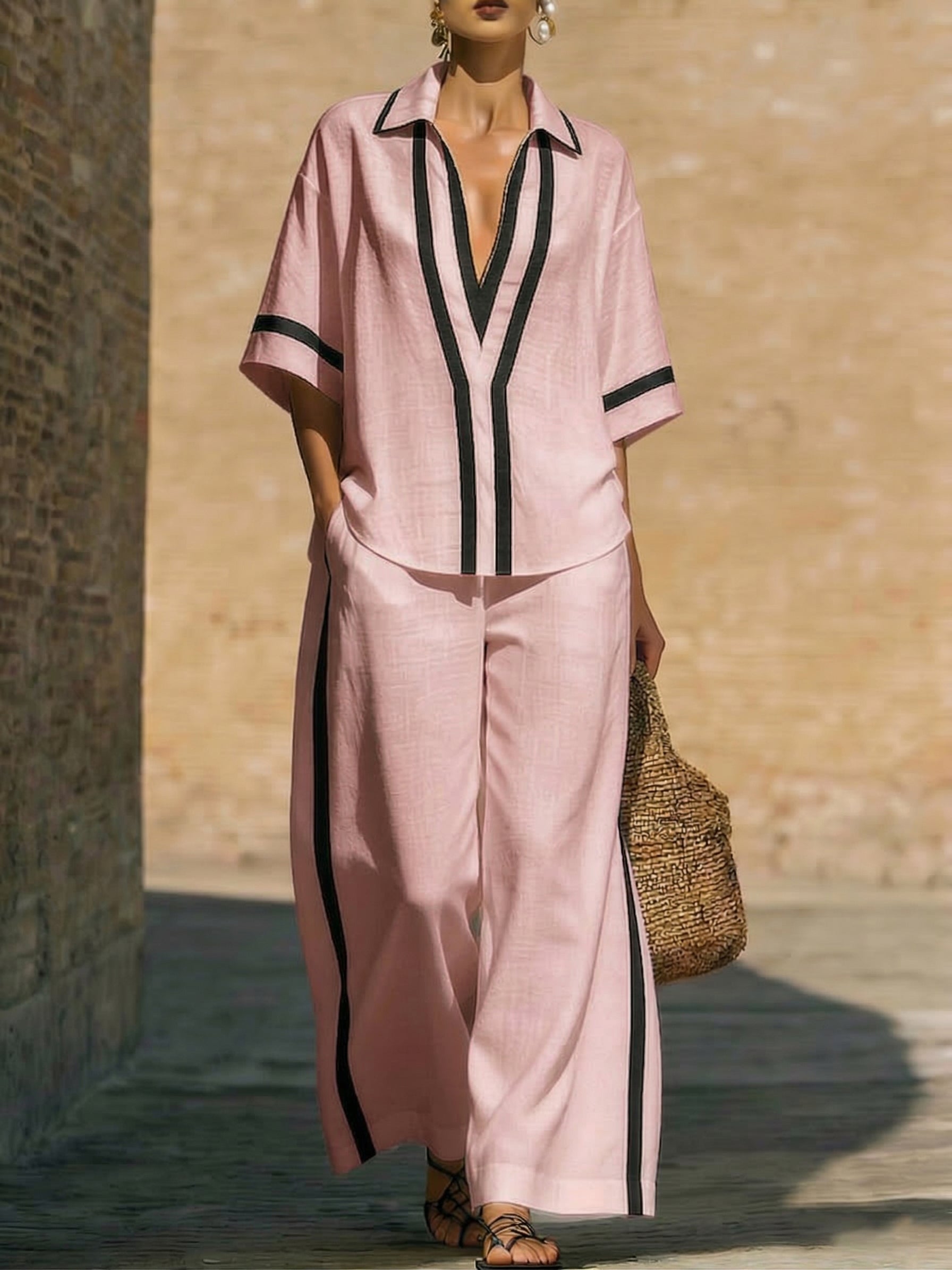 Women’s Contrast-Trim Tunic and Wide-Leg Pants Set