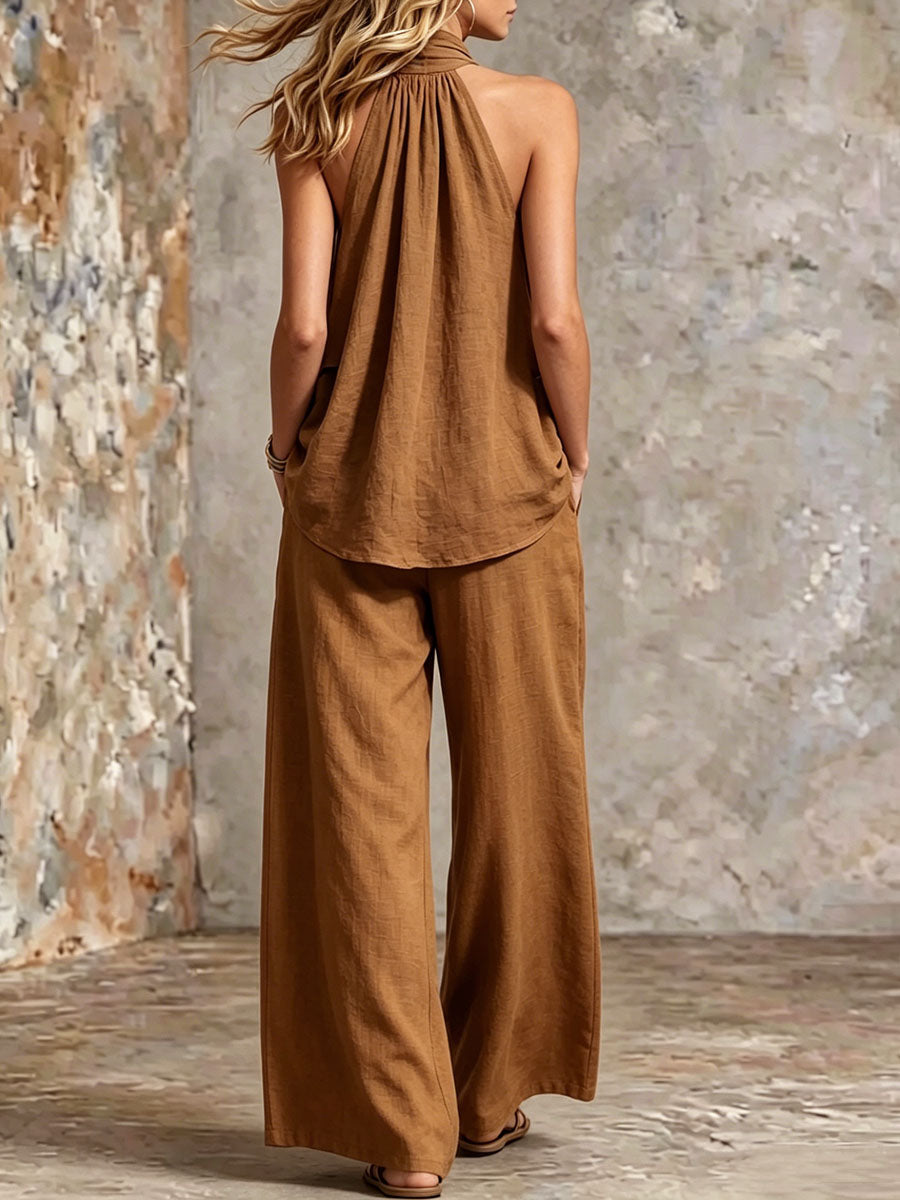 Women's Tiered Halter Top and Wide-Leg Trousers Set