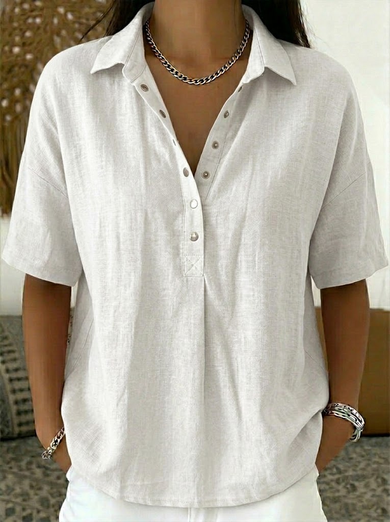 Women's Linen-Blend Short-Sleeve Henley Shirt