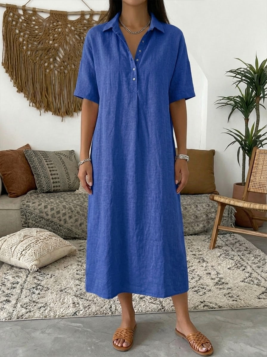 Women's Linen-Blend Short-Sleeve Polo Midi Dress