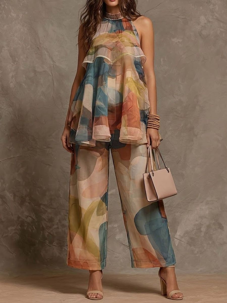 Covernorth Women’s Abstract Print Chiffon Two-Piece Set