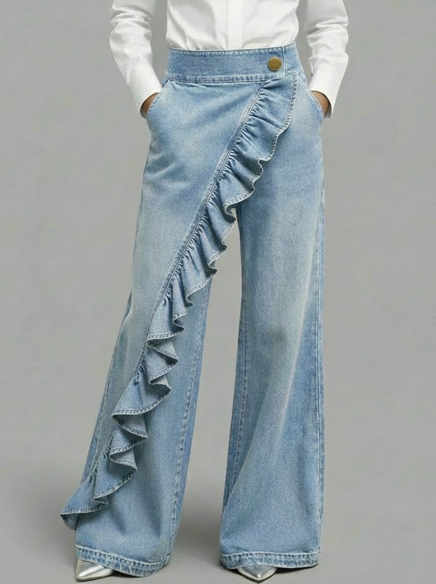 Women's Ruffle-Trim Wide-Leg Denim Trousers