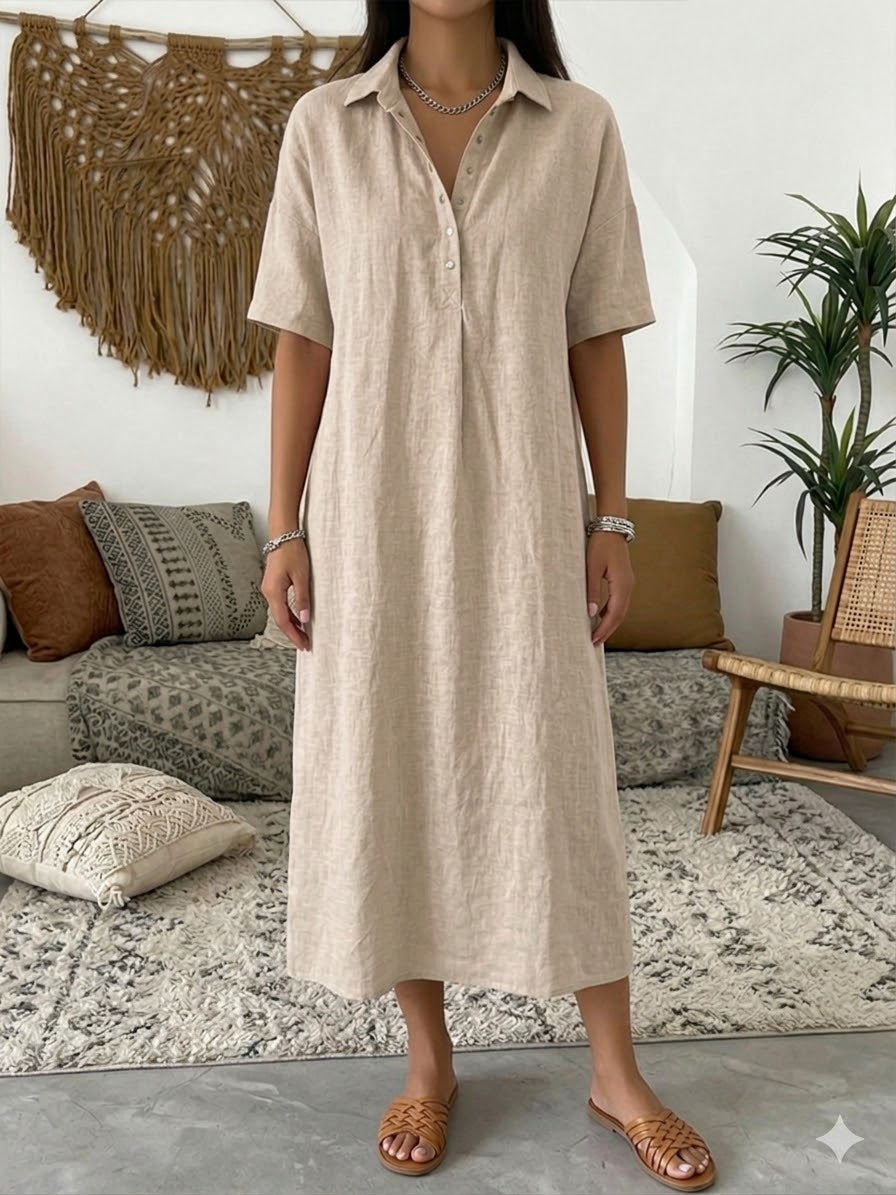 Women's Linen-Blend Short-Sleeve Polo Midi Dress