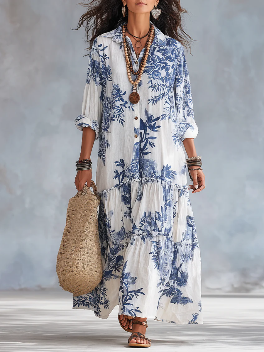 Women’s Retro Boho Blue Floral Print Maxi Shirt Dress