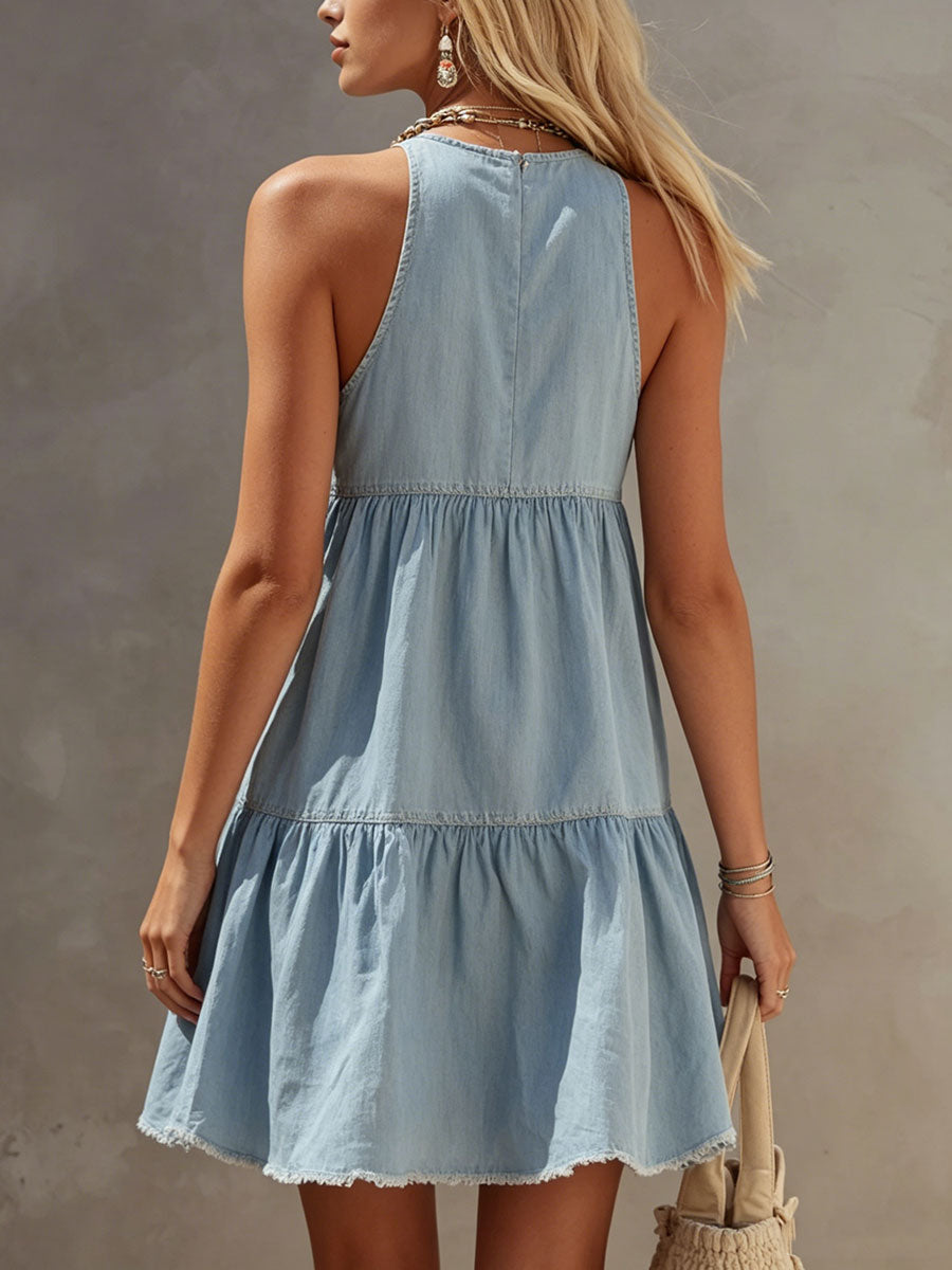 Covernorth Women’s Halter Neck Tiered Denim Mini Dress