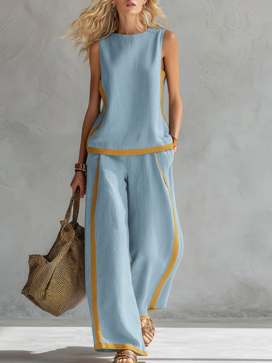Covernorth Women's Two-Piece Linen Top and Wide-Leg Trousers Set
