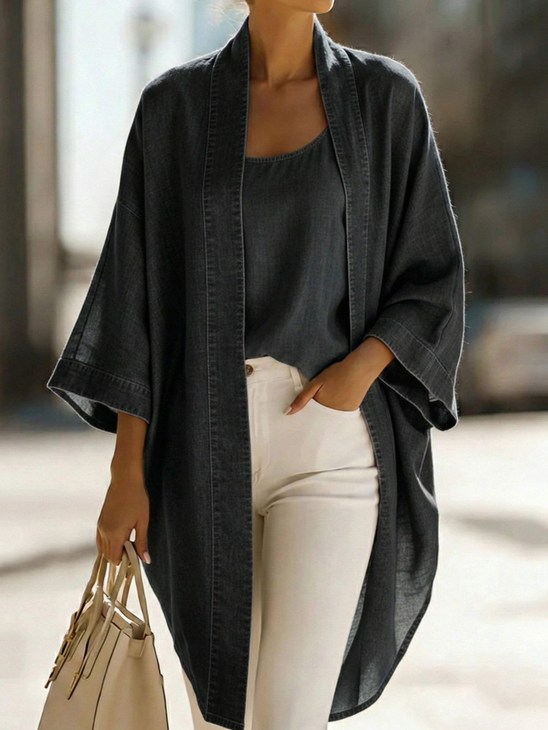Women’s Two-Piece Denim Kimono Cardigan and Tank Top Set